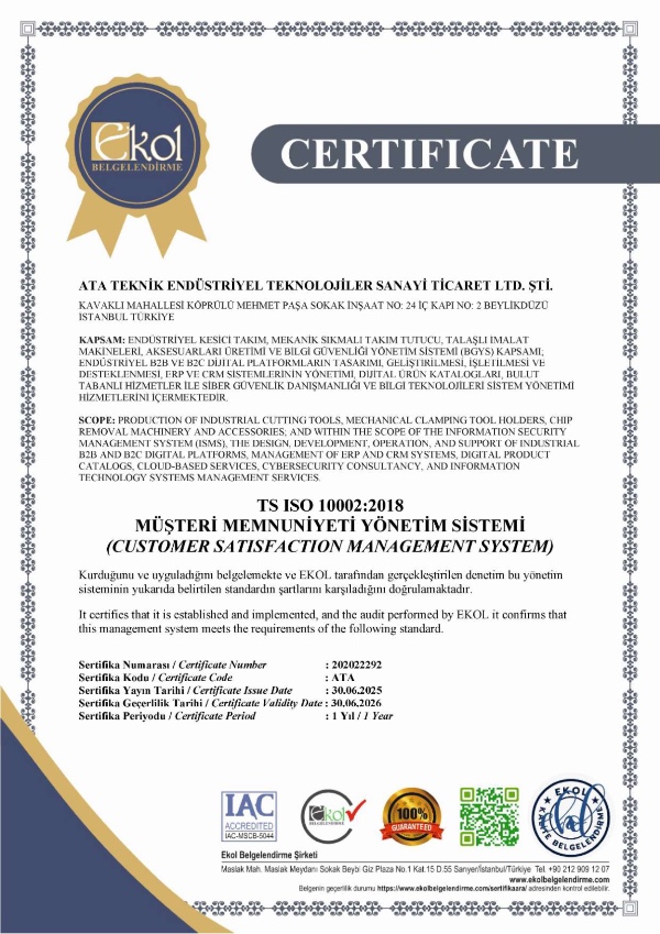 ISO10002-2018 Ata Teknik Hırdavat ISO 9001 Sertifika