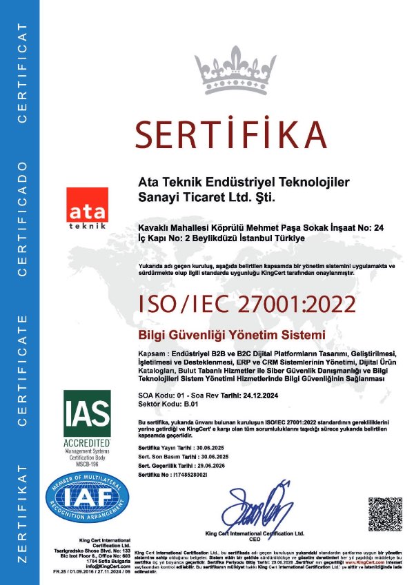 ISO27001-2022 Ata Teknik Hırdavat ISO 9001 Sertifika