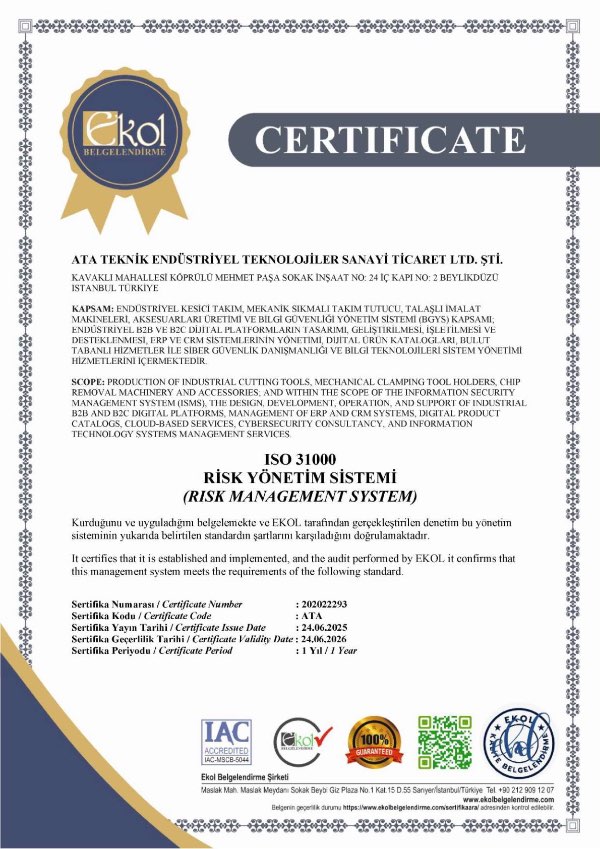 ISO31000 Ata Teknik Hırdavat ISO 9001 Sertifika