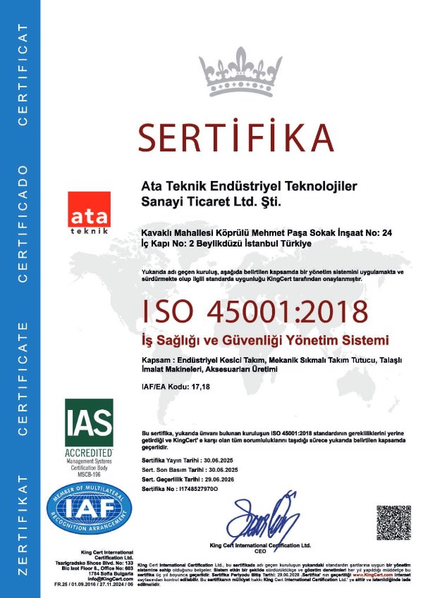 ISO45001-2018 Ata Teknik Hırdavat ISO 9001 Sertifika